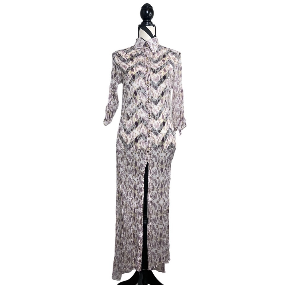 Sinesia Karol Dainty Floral 100% Silk Button Down Front Sheer Maxi Coverup Dress